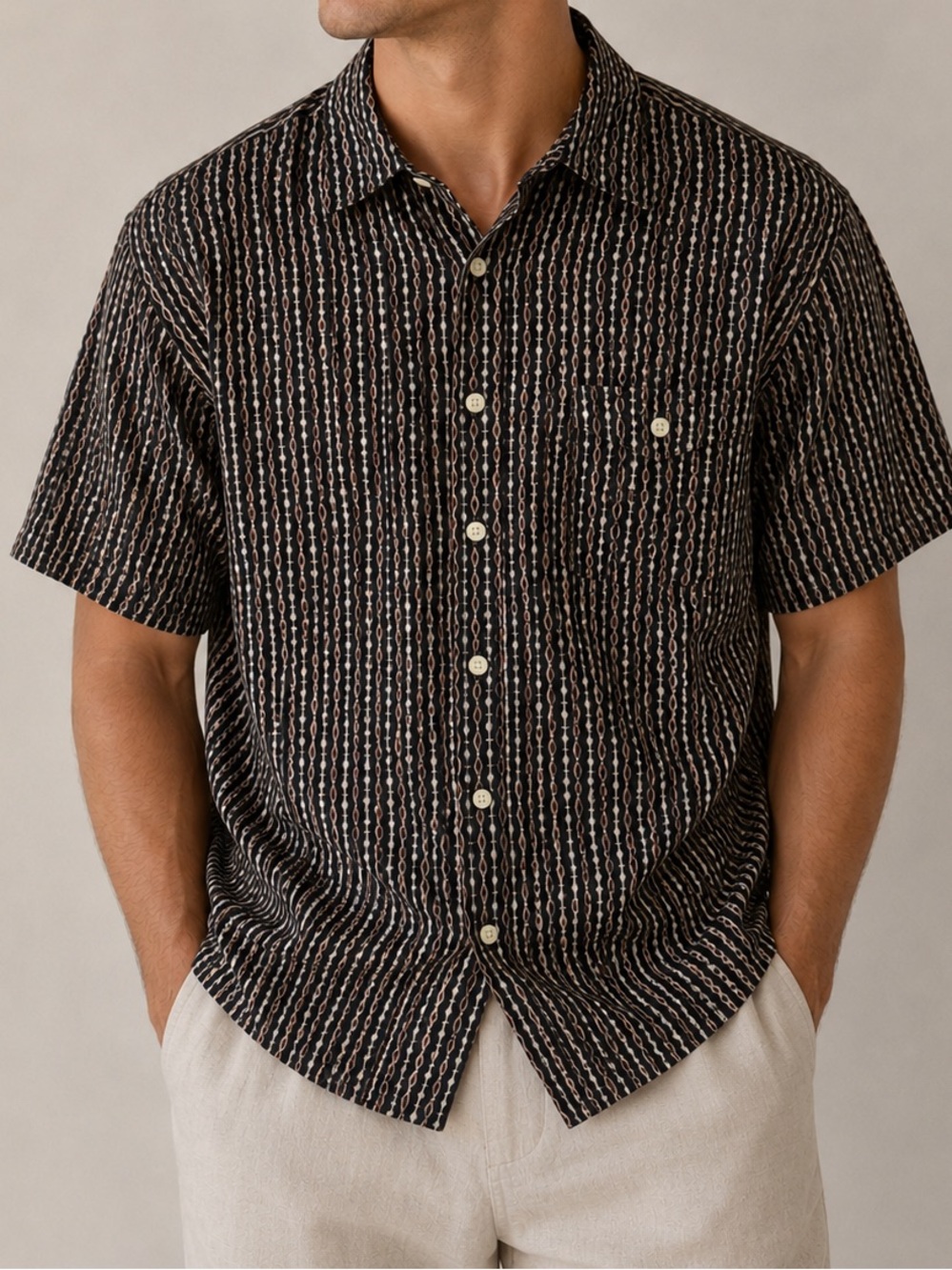 Burma Bibas Black Tribal Geometric Short Sleeve Button Down Large
